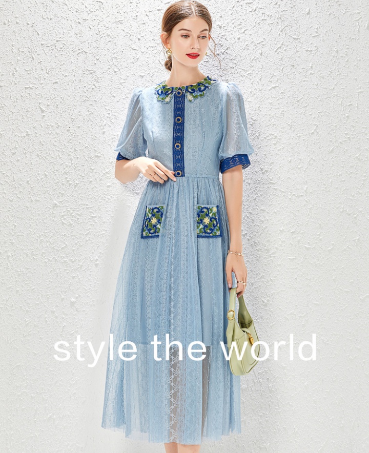 France style autumn embroidery pinched waist lace dress