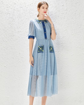 France style autumn embroidery pinched waist lace dress