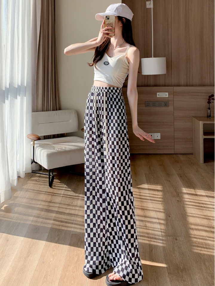 Black-white thin plaid pants chessboard wide leg pants for women