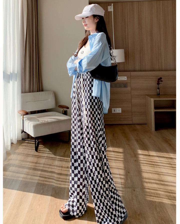 Black-white thin plaid pants chessboard wide leg pants for women