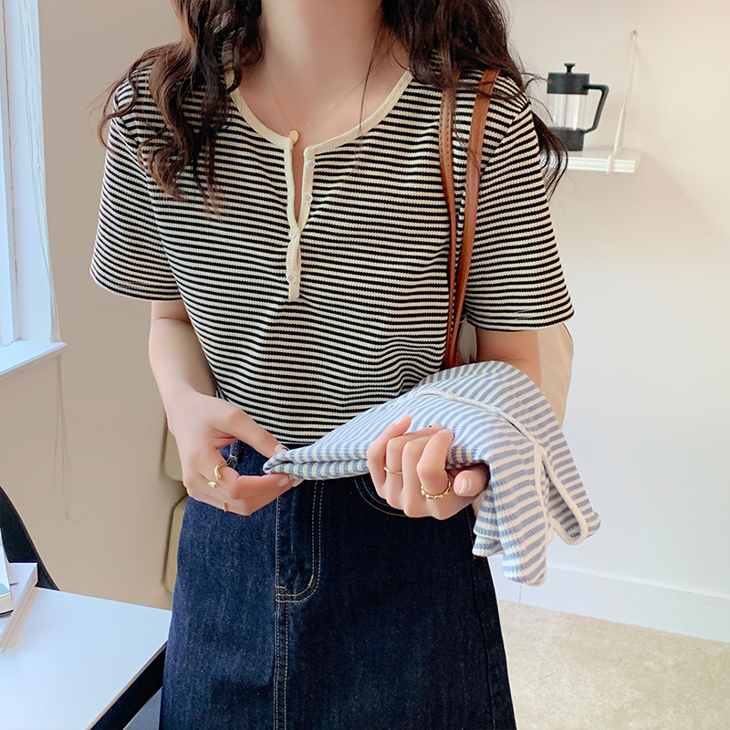 Unique thin tops Korean style stripe T-shirt for women