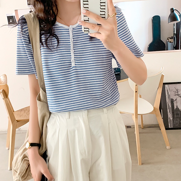 Unique thin tops Korean style stripe T-shirt for women