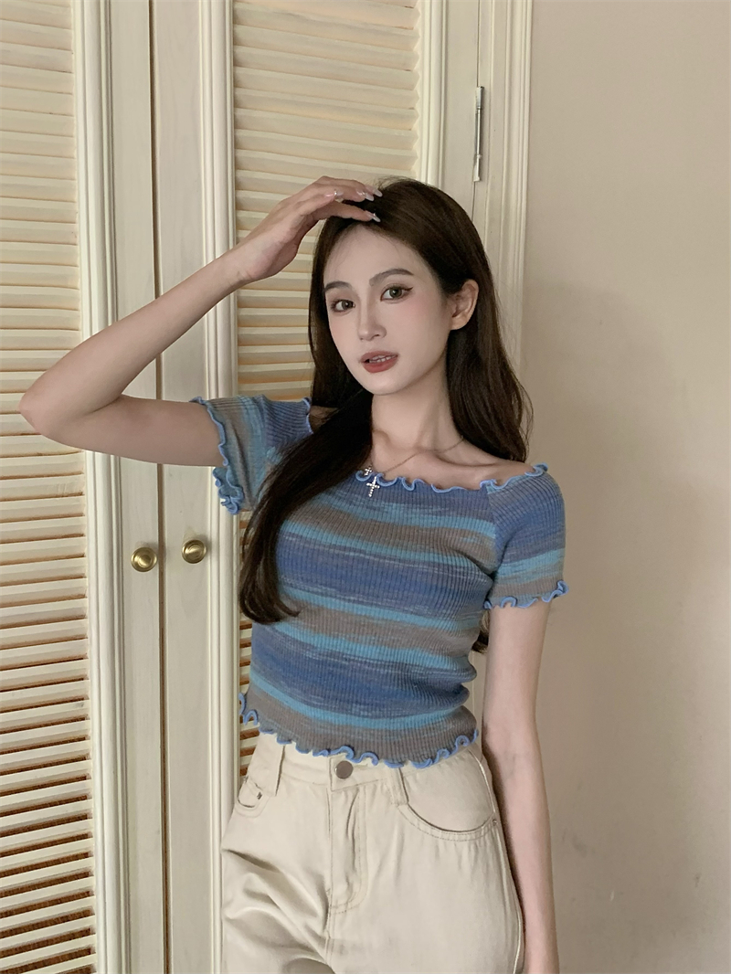Summer short sleeve sweater stripe mixed colors T-shirt