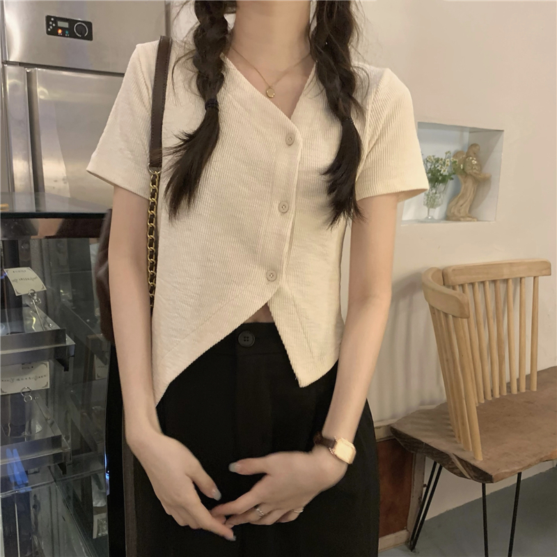Unique slim all-match tops short sleeve spicegirl V-neck T-shirt