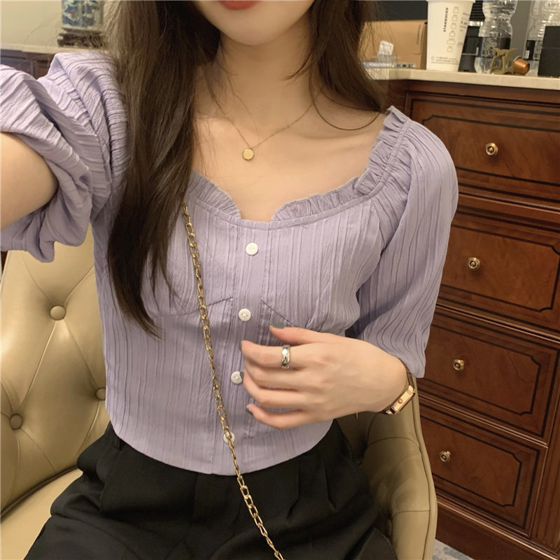 Tender summer square collar tops short purple shirt