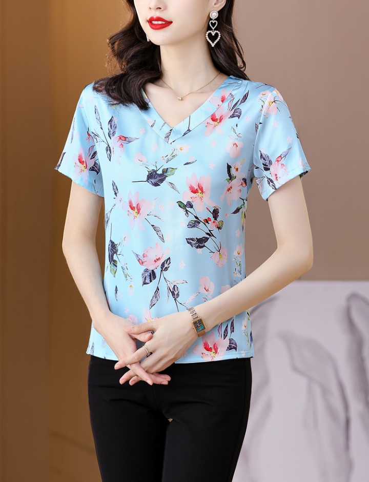 Printing V-neck imitation silk loose T-shirt for women