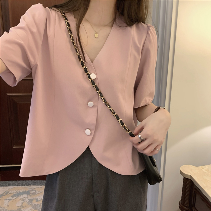 Pink crinkling slim tops retro V-neck shirt for women
