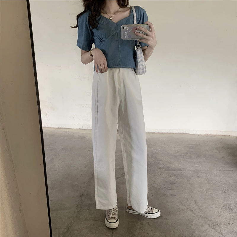 Simple elastic tops white casual pants 2pcs set