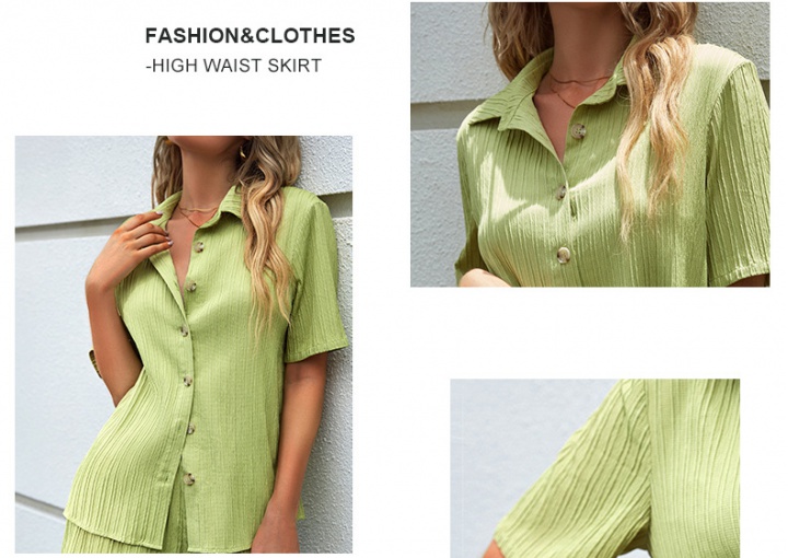 Fashion lapel tops green shorts 2pcs set for women