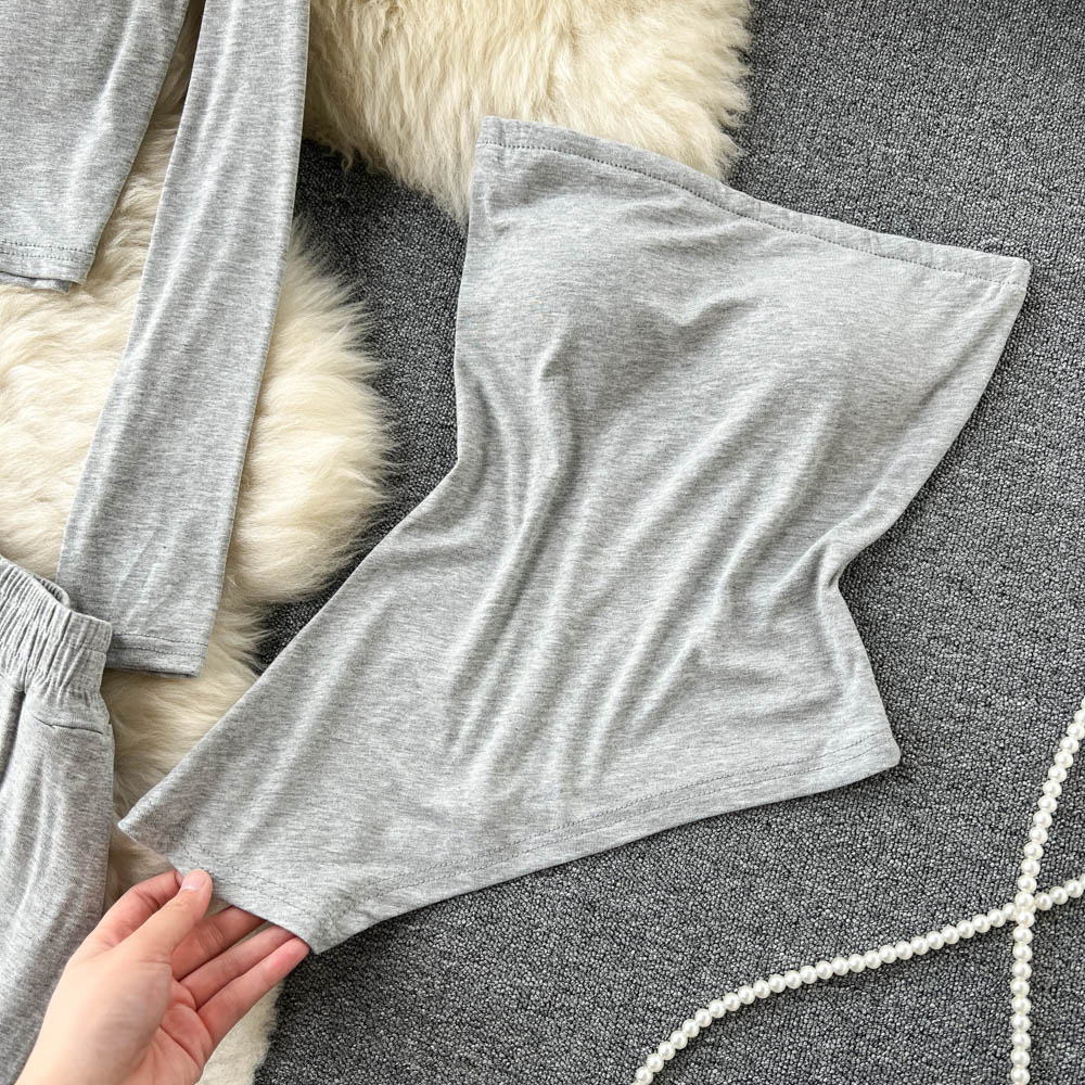 Drape tops long sleeve vest 3pcs set for women