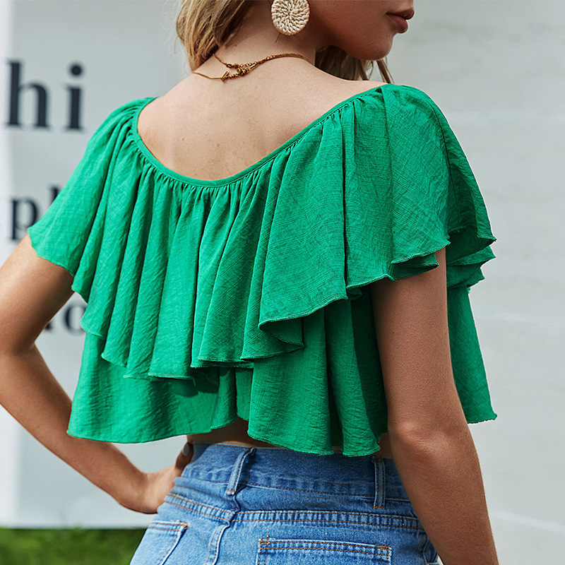 Round neck sexy European style pleated pure tops for women