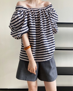 Stripe strapless tops summer flat shoulder shirt for women