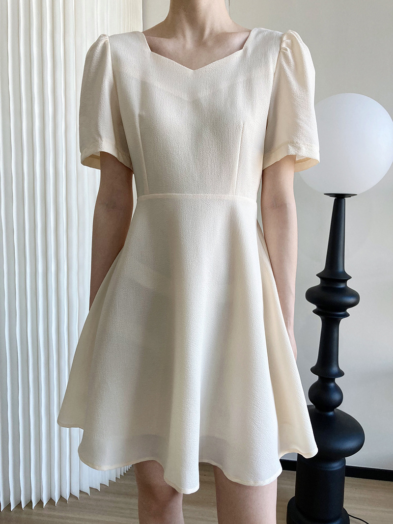 Pinched waist summer square collar France style dress