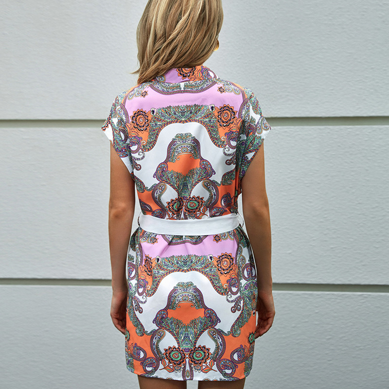 Lapel with belt short sleeve European style printing summer dress