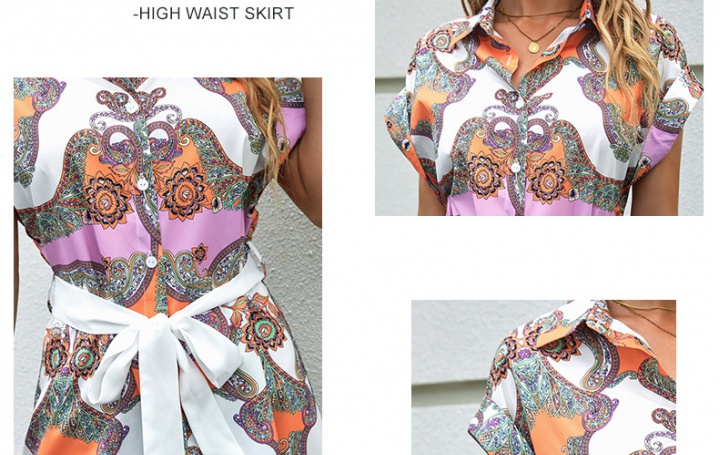 Lapel with belt short sleeve European style printing summer dress