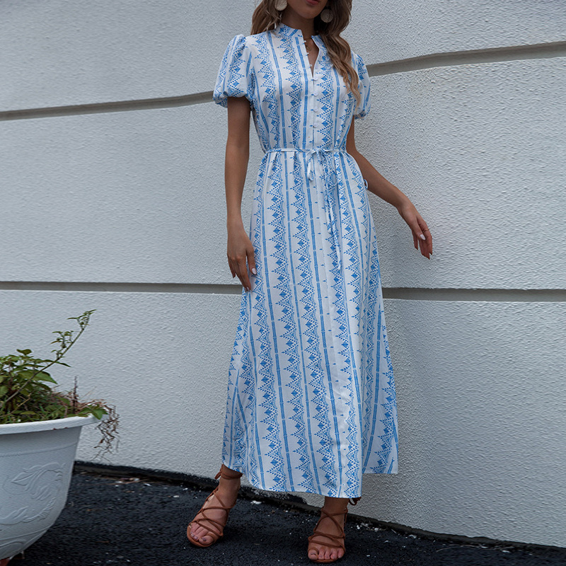 Printing blue Casual high waist dress for women