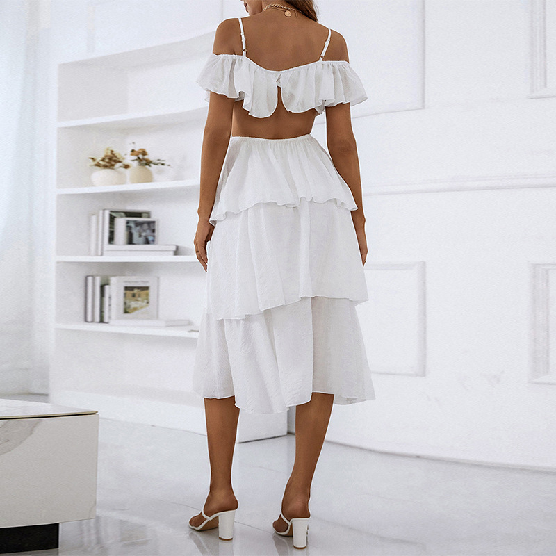 Sling cake halter high waist white summer dress for women