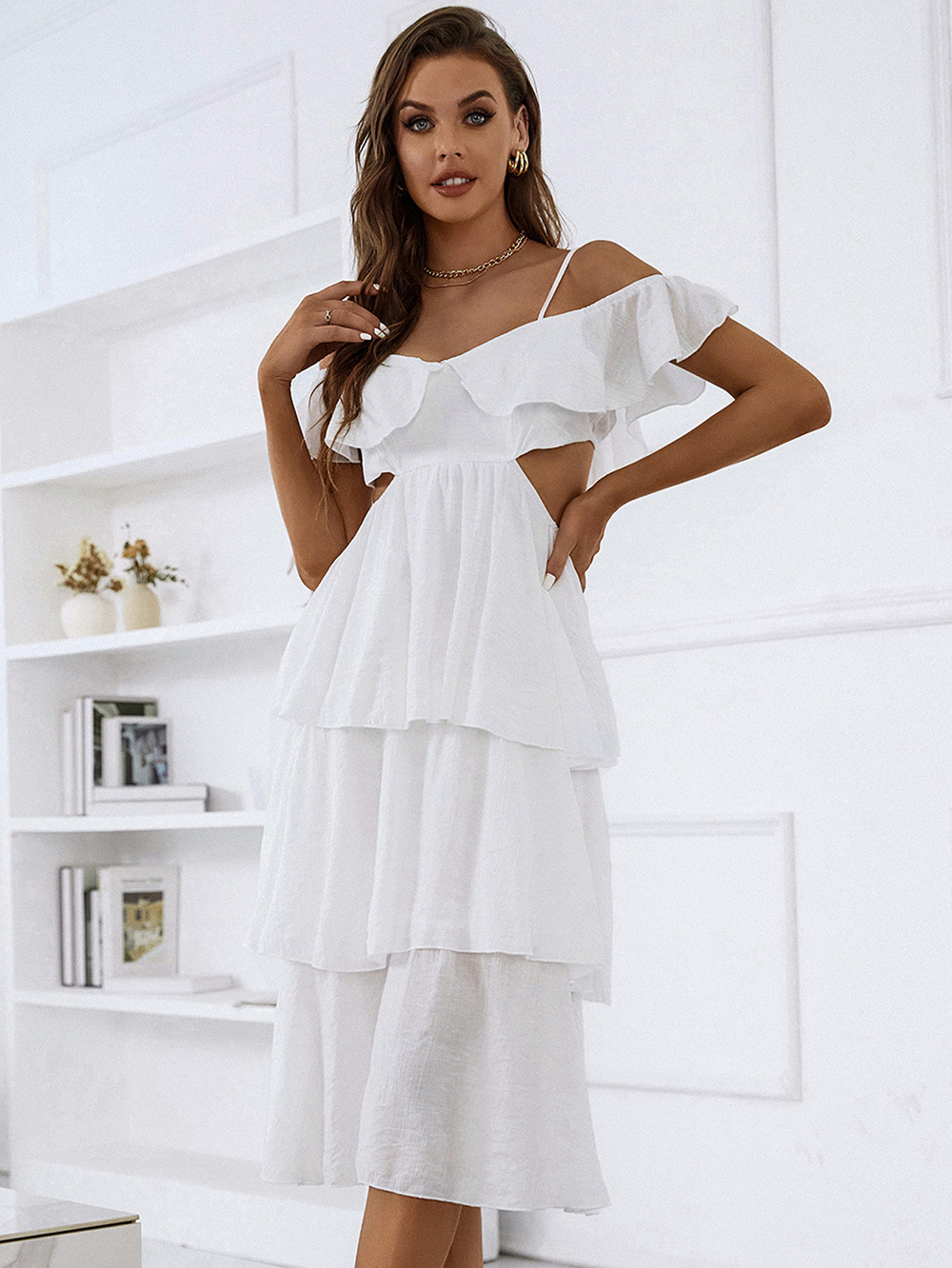 Sling cake halter high waist white summer dress for women