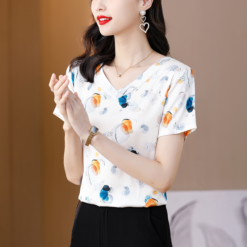 Summer printing tops imitation silk T-shirt for women
