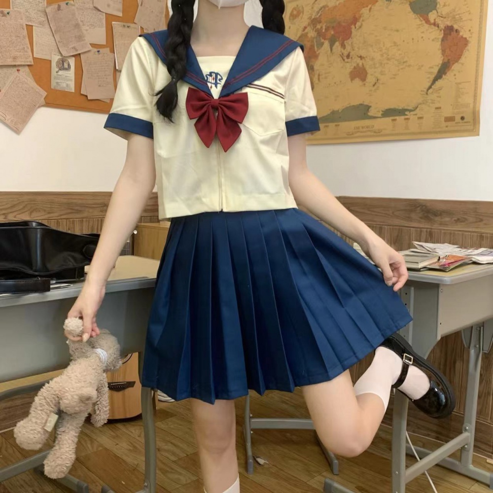 Pleated cartoon uniform summer skirt 2pcs set