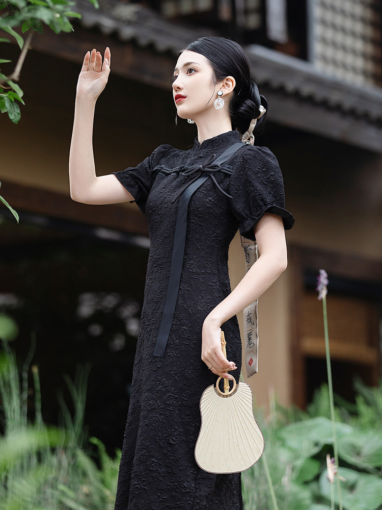 Chinese style black cheongsam jacquard dress