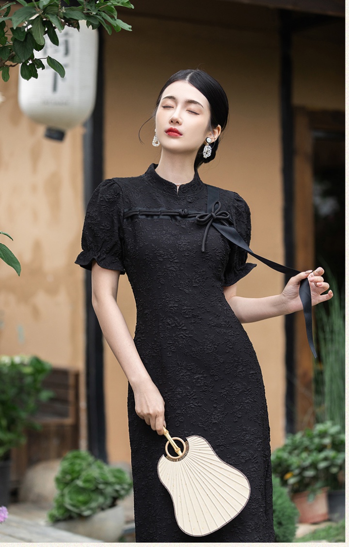 Chinese style black cheongsam jacquard dress