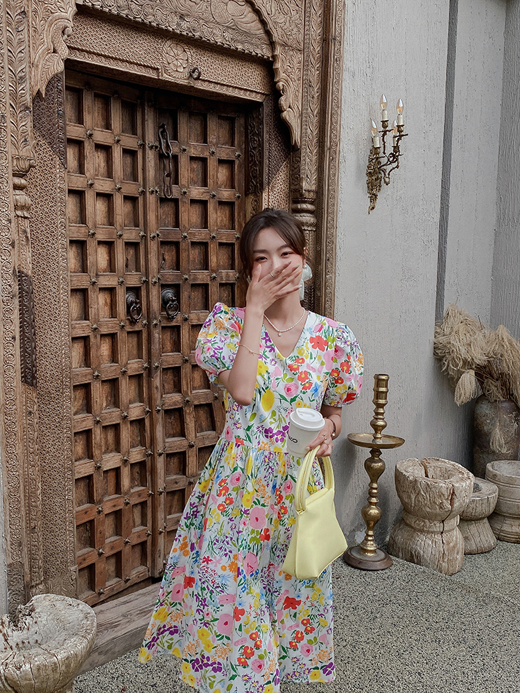 Summer slim short sleeve long art Korean style dress