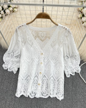 Hollow crochet shirt puff sleeve small shirt for women