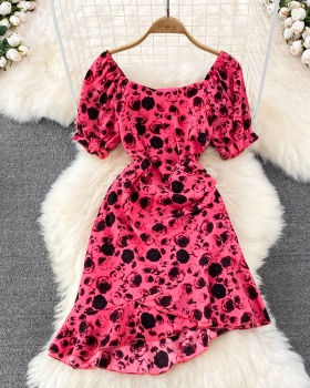 France style leopard square collar dress for women