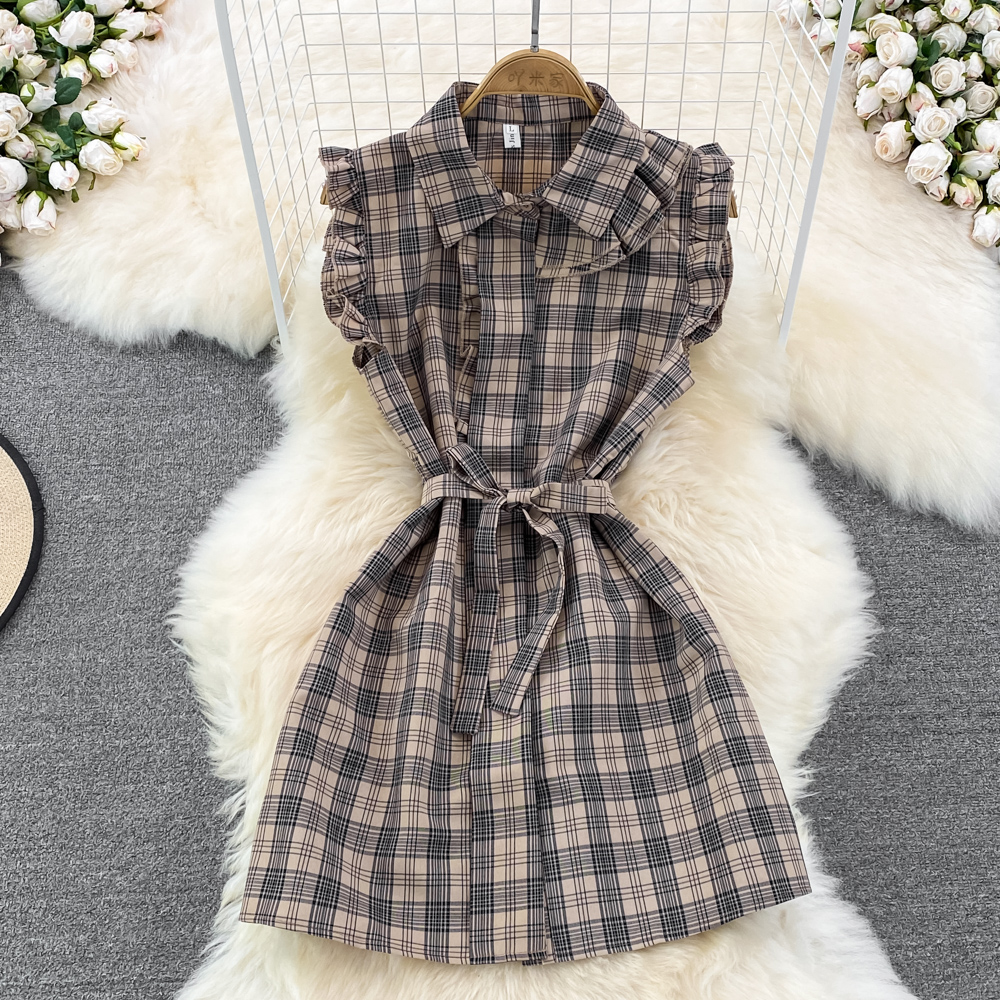 Summer spicegirl pinched waist dress bow plaid shirt