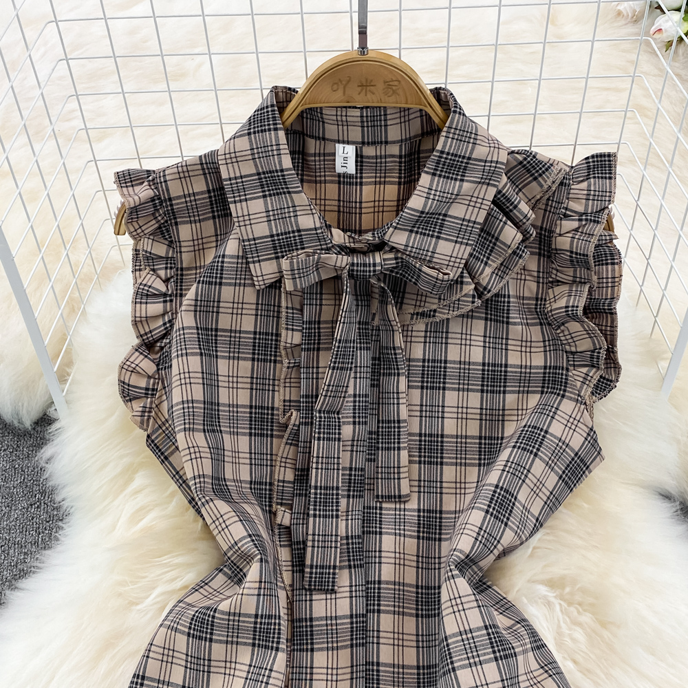 Summer spicegirl pinched waist dress bow plaid shirt