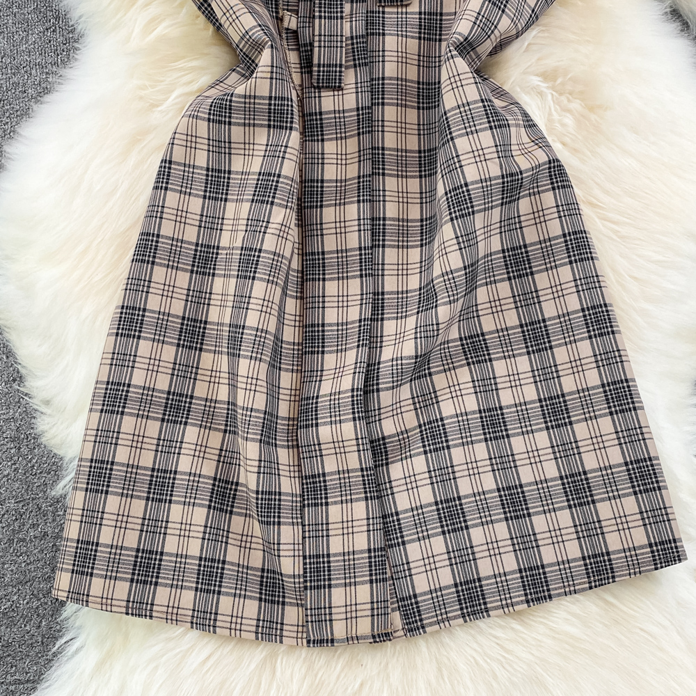 Summer spicegirl pinched waist dress bow plaid shirt