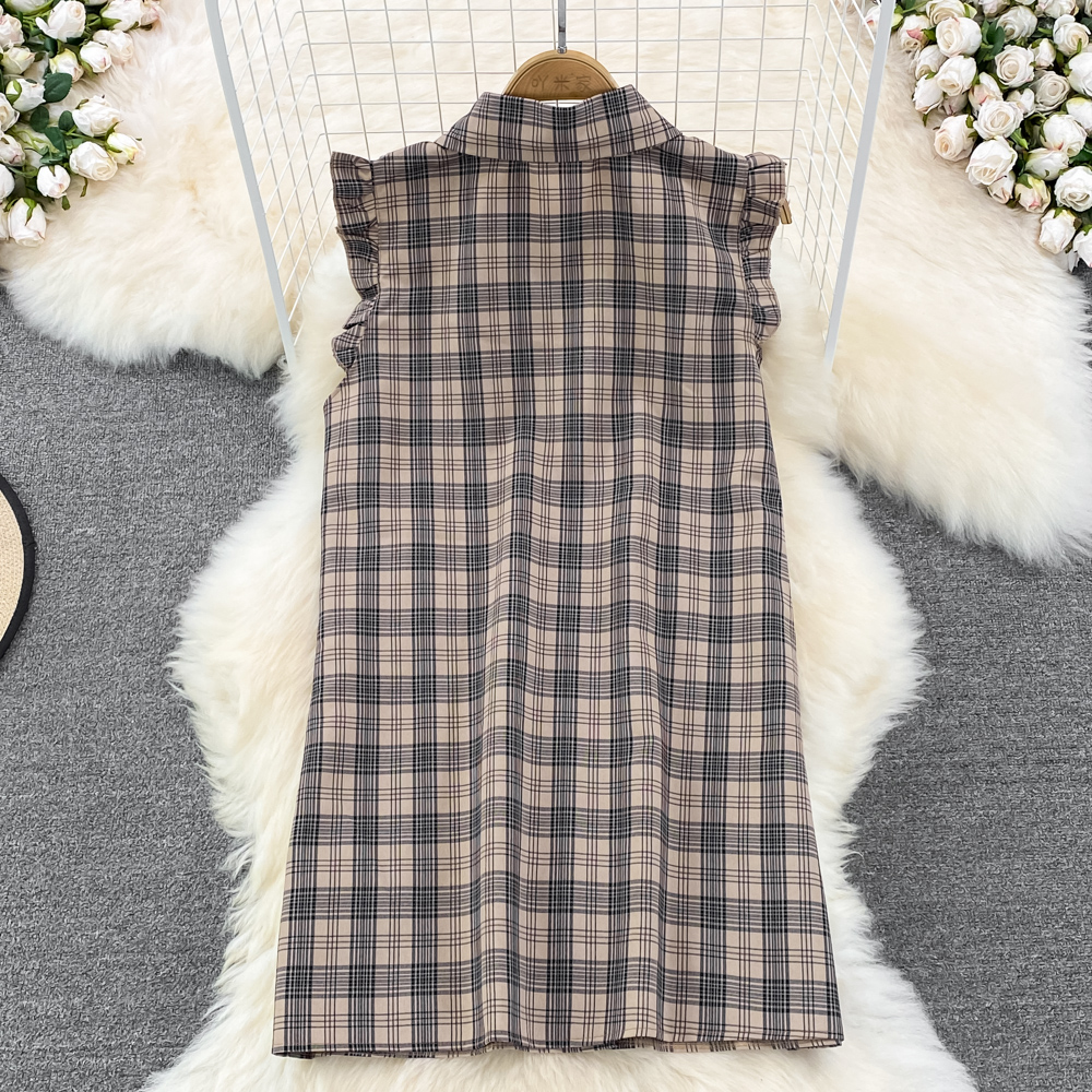 Summer spicegirl pinched waist dress bow plaid shirt