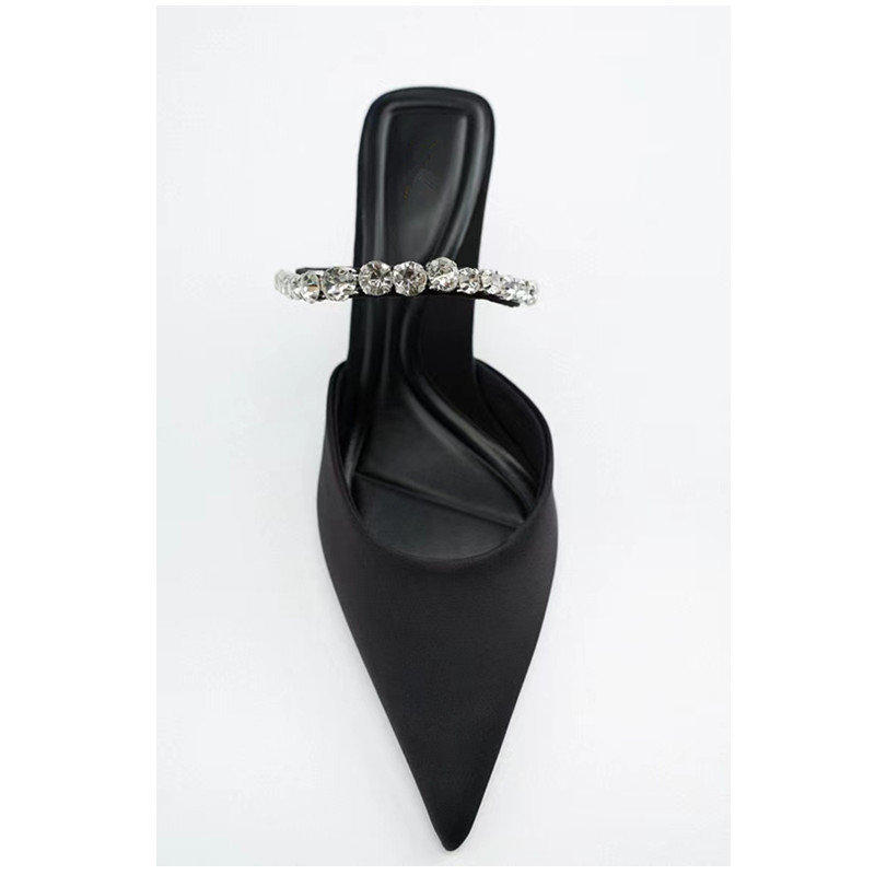 Black spring pointed rhinestone shoes for women