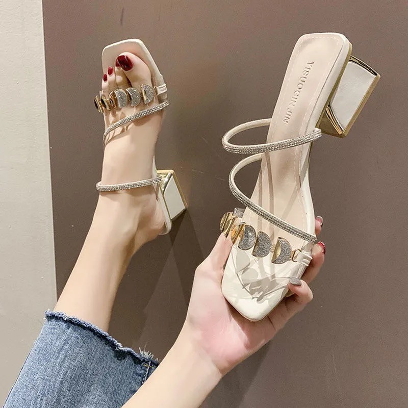 High-heeled thick rhinestone sandals for women
