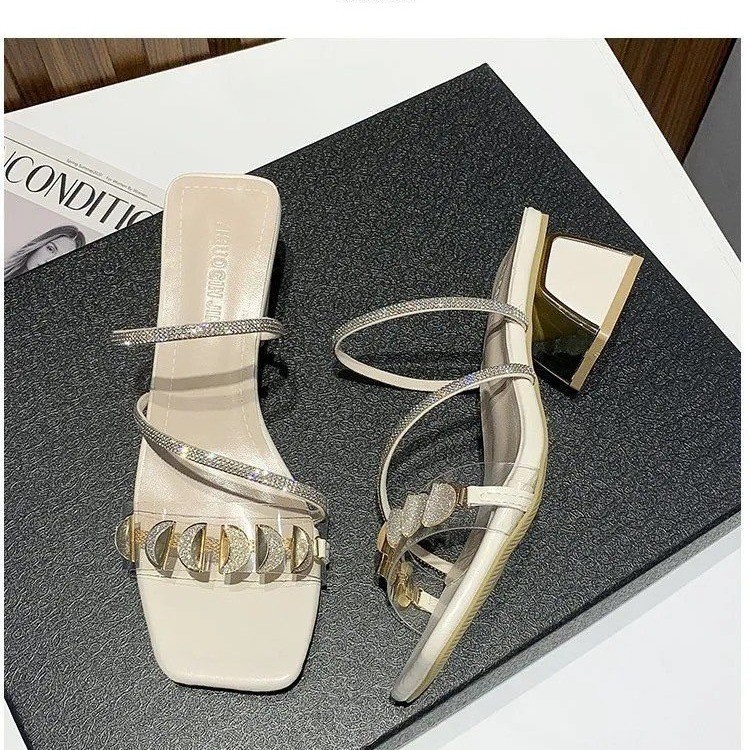 High-heeled thick rhinestone sandals for women