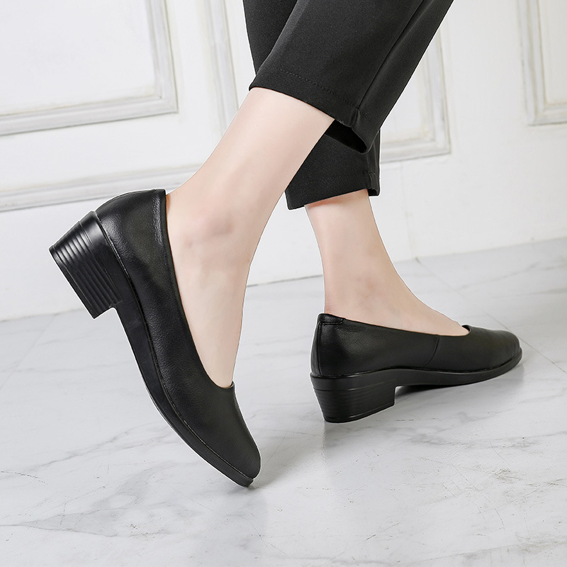 Middle-heel thick high-heeled shoes black leather shoes for women
