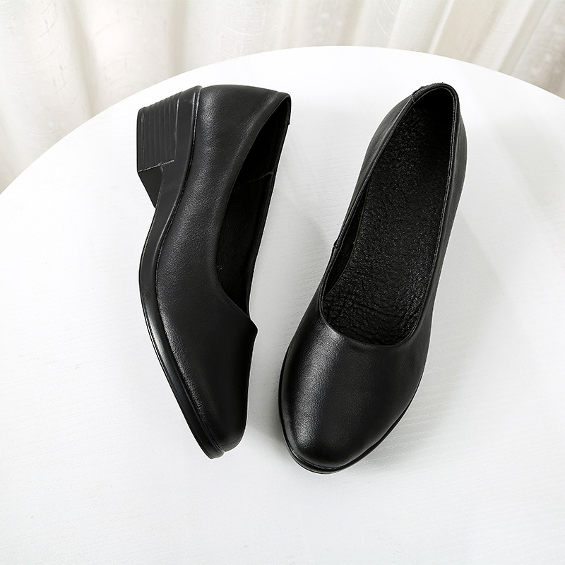 Middle-heel thick high-heeled shoes black leather shoes for women