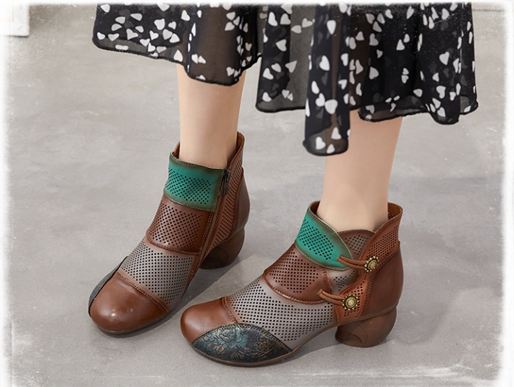 Round retro spring mixed colors genuine leather shoes