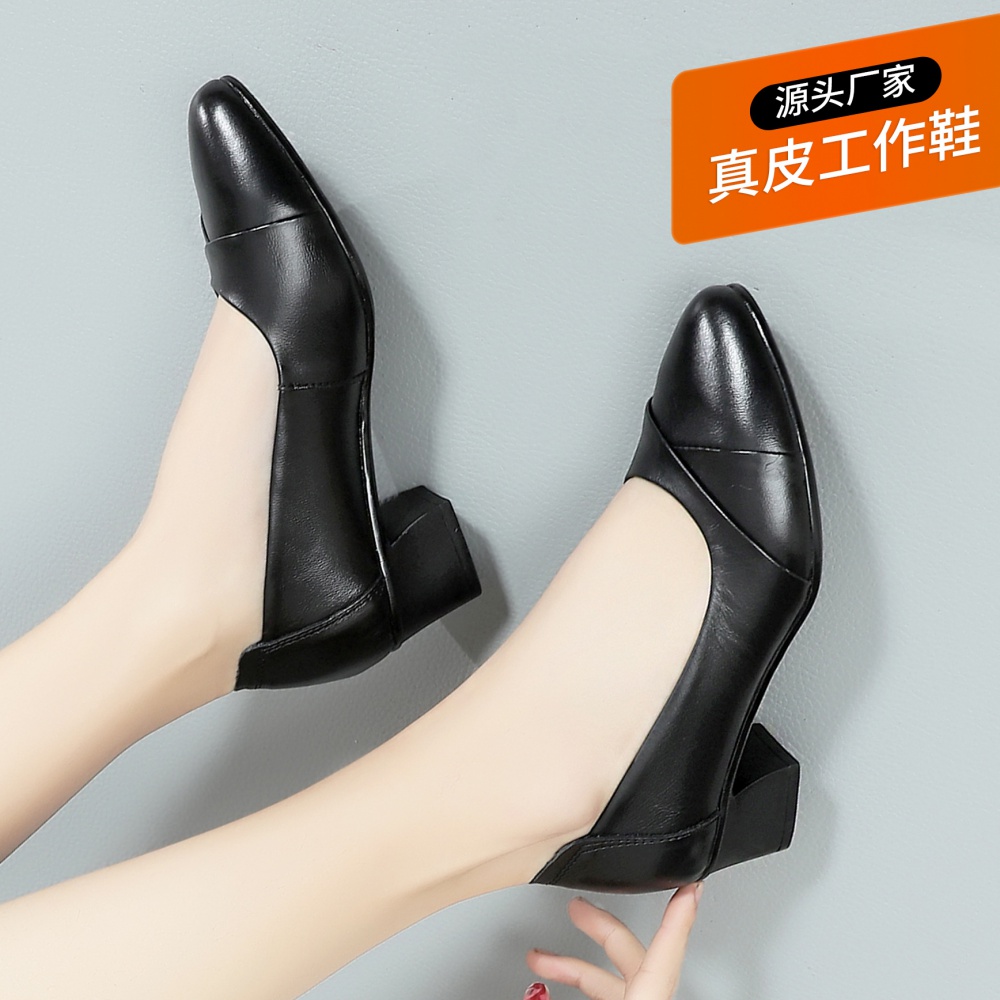 Pointed cozy high-heeled shoes middle-heel low leather shoes