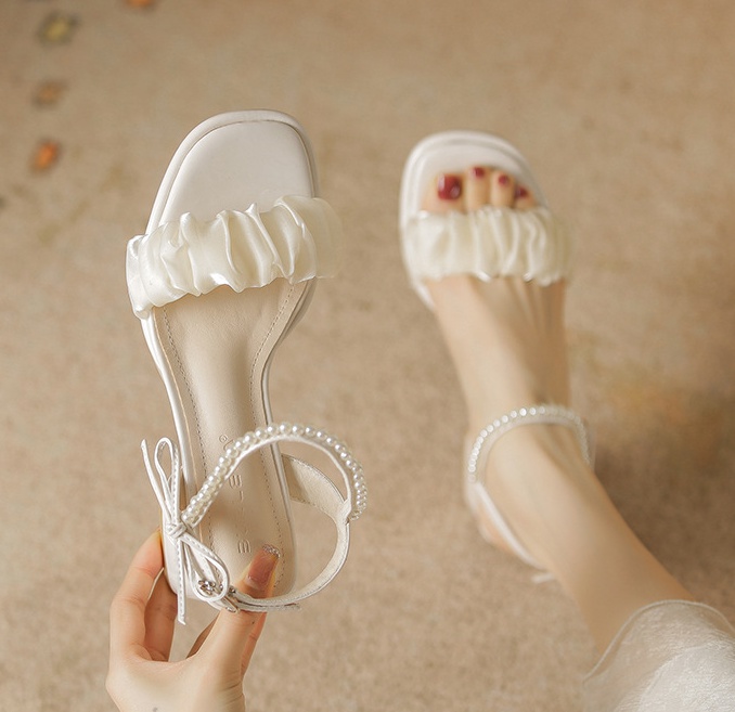 High-heeled cingulate lady pearl summer thick bow sandals