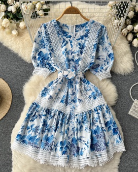 Summer blue printing hollow lace gauze France style dress