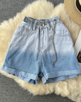 High waist flanging chain loose short jeans for women