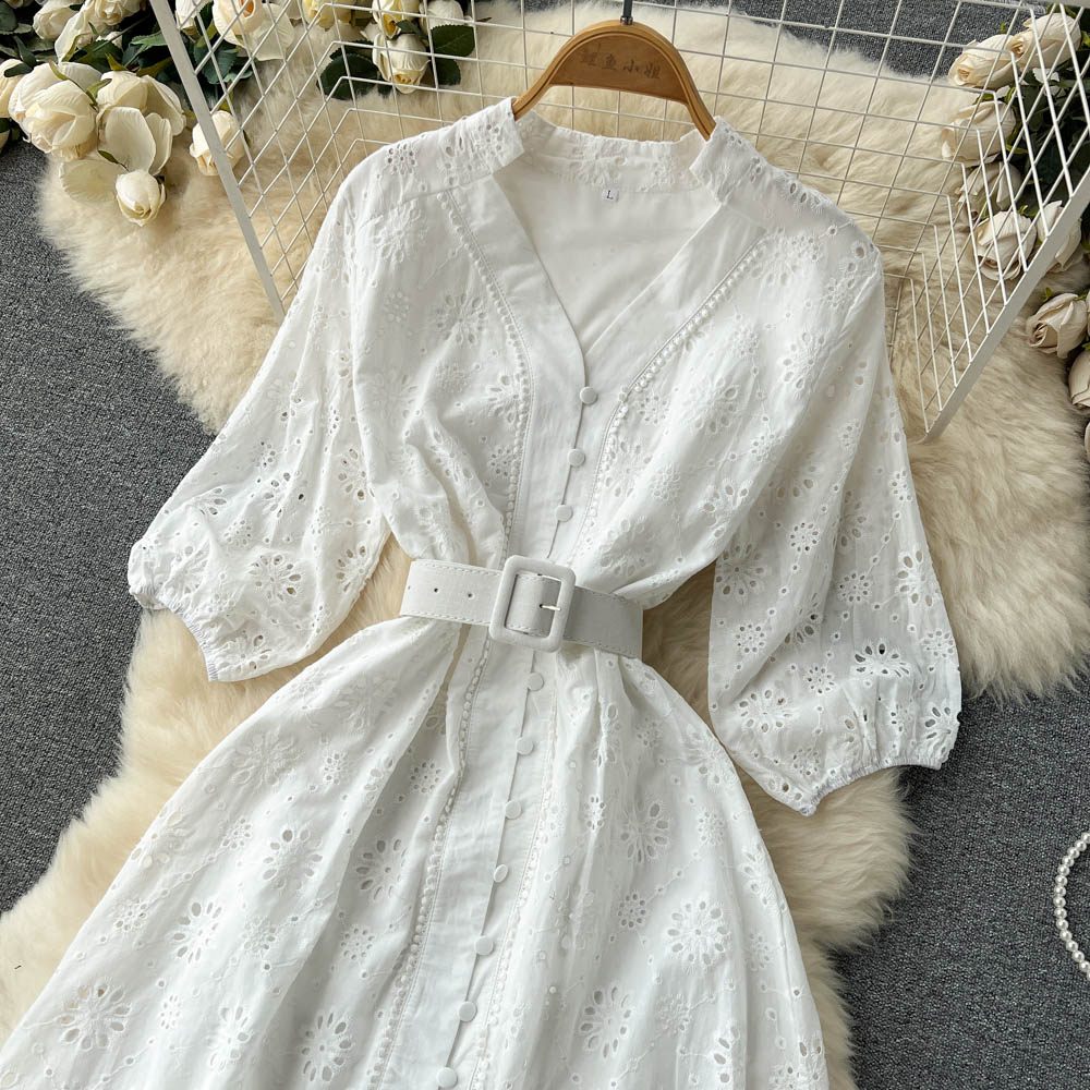 Embroidery V-neck dress puff sleeve long dress for women