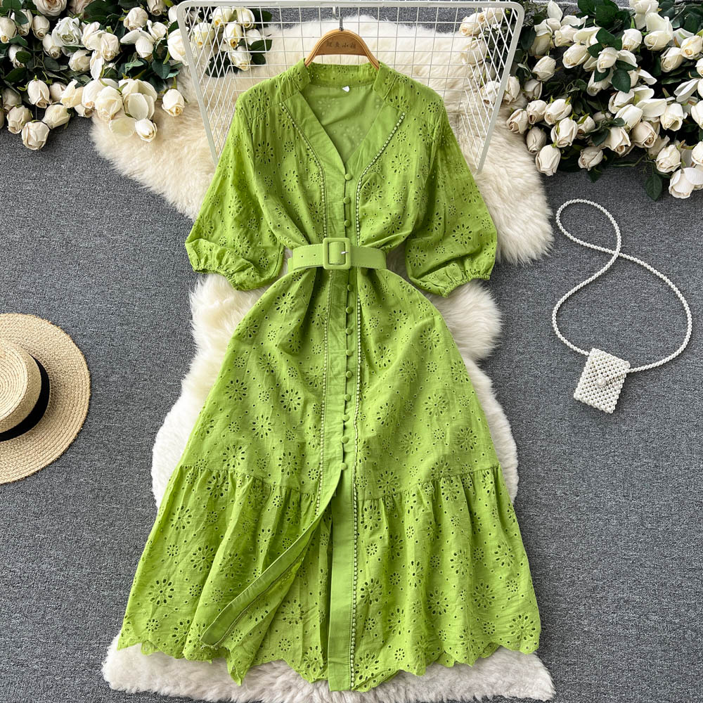 Embroidery V-neck dress puff sleeve long dress for women