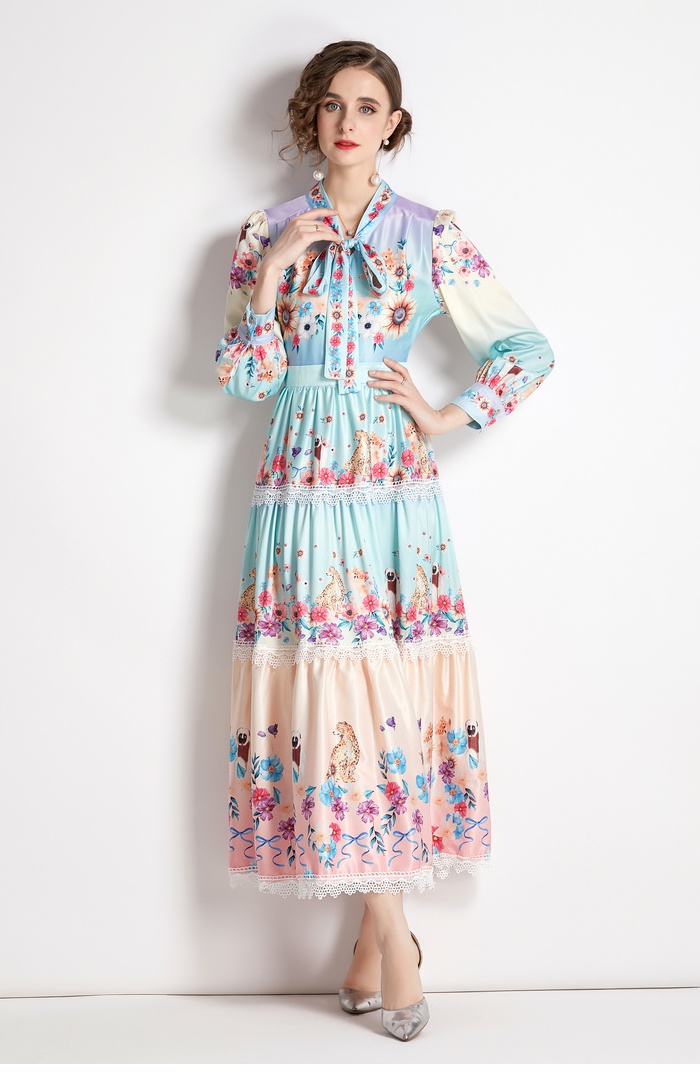 Splice lace retro cake printing frenum autumn dress