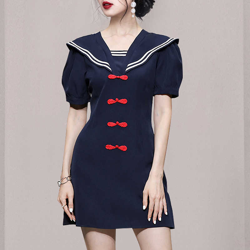 Summer puff sleeve lapel slim sailor retro dress