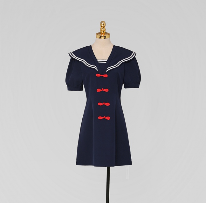Summer puff sleeve lapel slim sailor retro dress