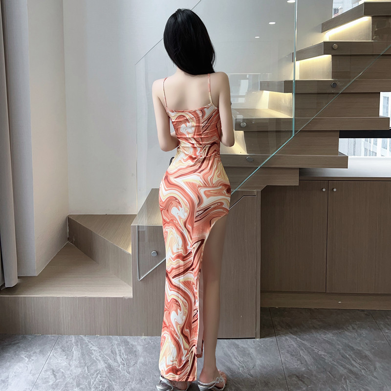 Sexy sling long dress printing split dress