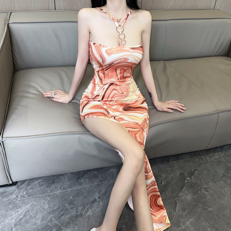 Sexy sling long dress printing split dress